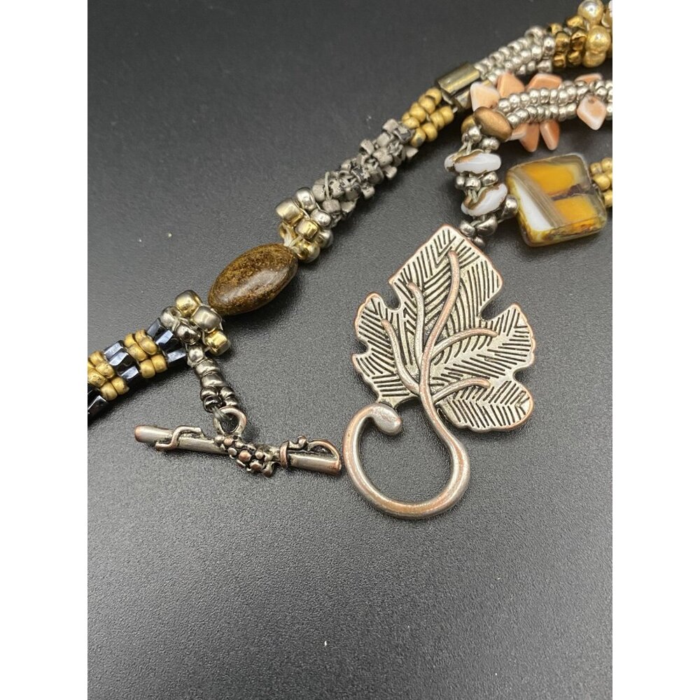 Artisan  Necklace Boho Natural Stone Shell Glass Bead Antiqued Bronze Toggle 38" - Picture 11 of 13